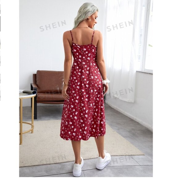 SHEIN Allover Floral Print Ruched Bust Slit Hem Cami Dress - Red Midi vacation - Picture 2 of 10